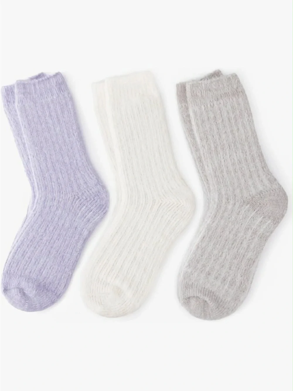 3-Pack Ribbed Cozy Knit Cotton Wool BlendCrew Socks in Lilac, Cream & Light Gray